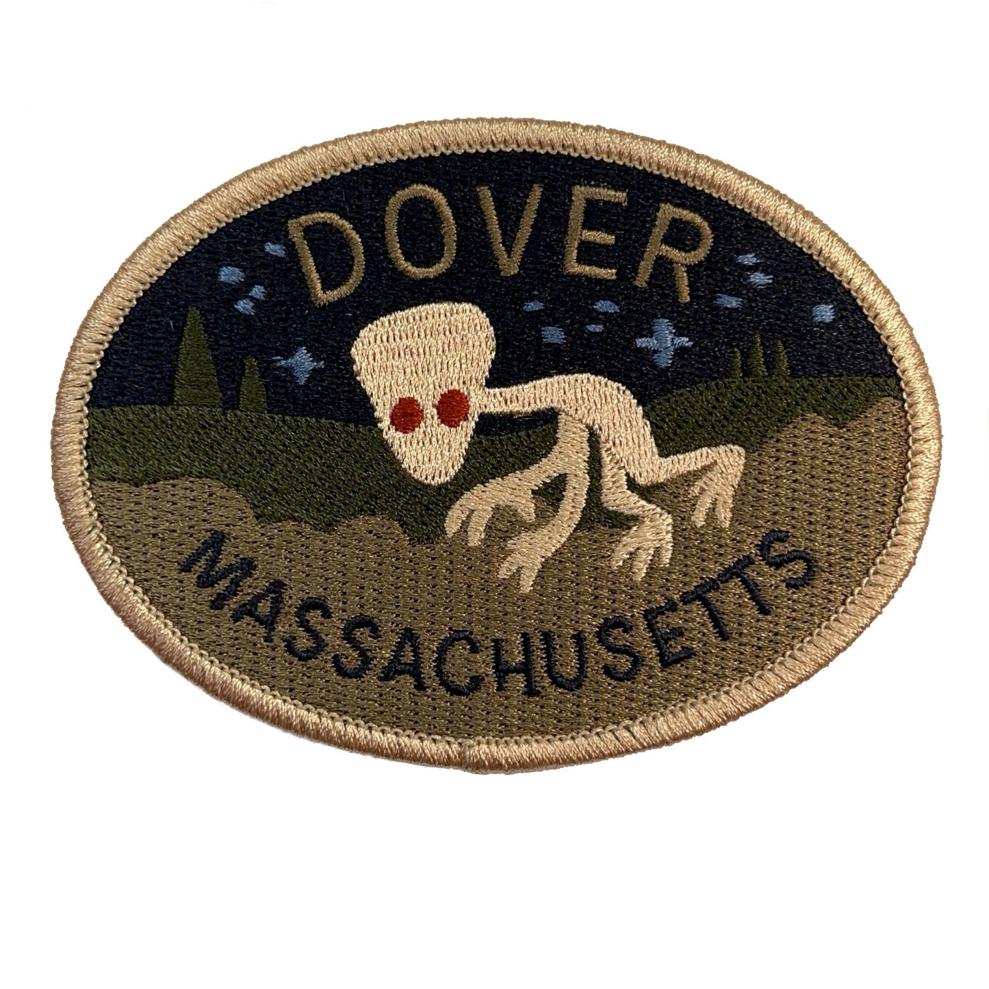 Patch with the Dover Demon cryptid and text 'Dover, Massachusetts' on a white background