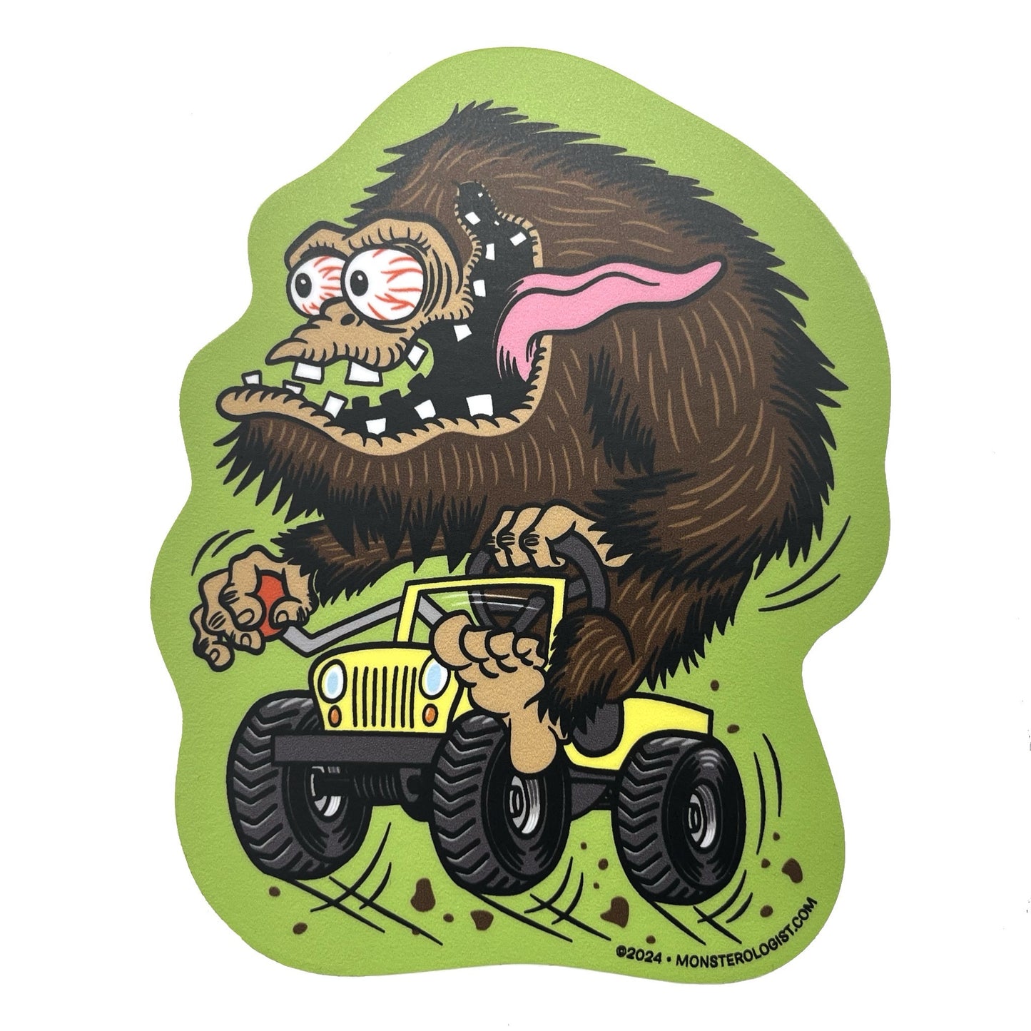 Gone Squatchin' sticker featuring Bigfoot in a 4x4 Jeep Wrangler in funny lowbrow hot rod cartoon art style.