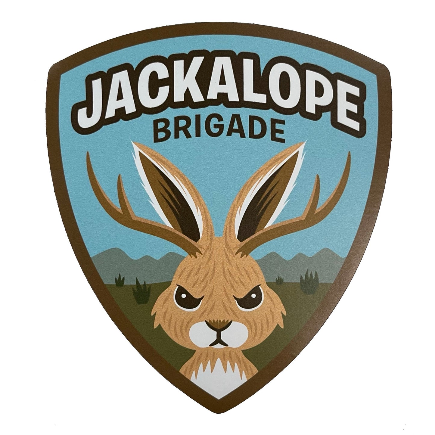 Logo of the Jackalope Brigade with a cute angry jackalope illustration in military shield emblem design.