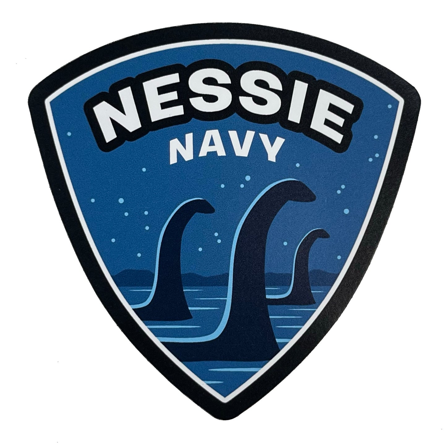 Nessie Navy logo with three loch Ness monsters emerging from water on a blue background in military shield emblem design.