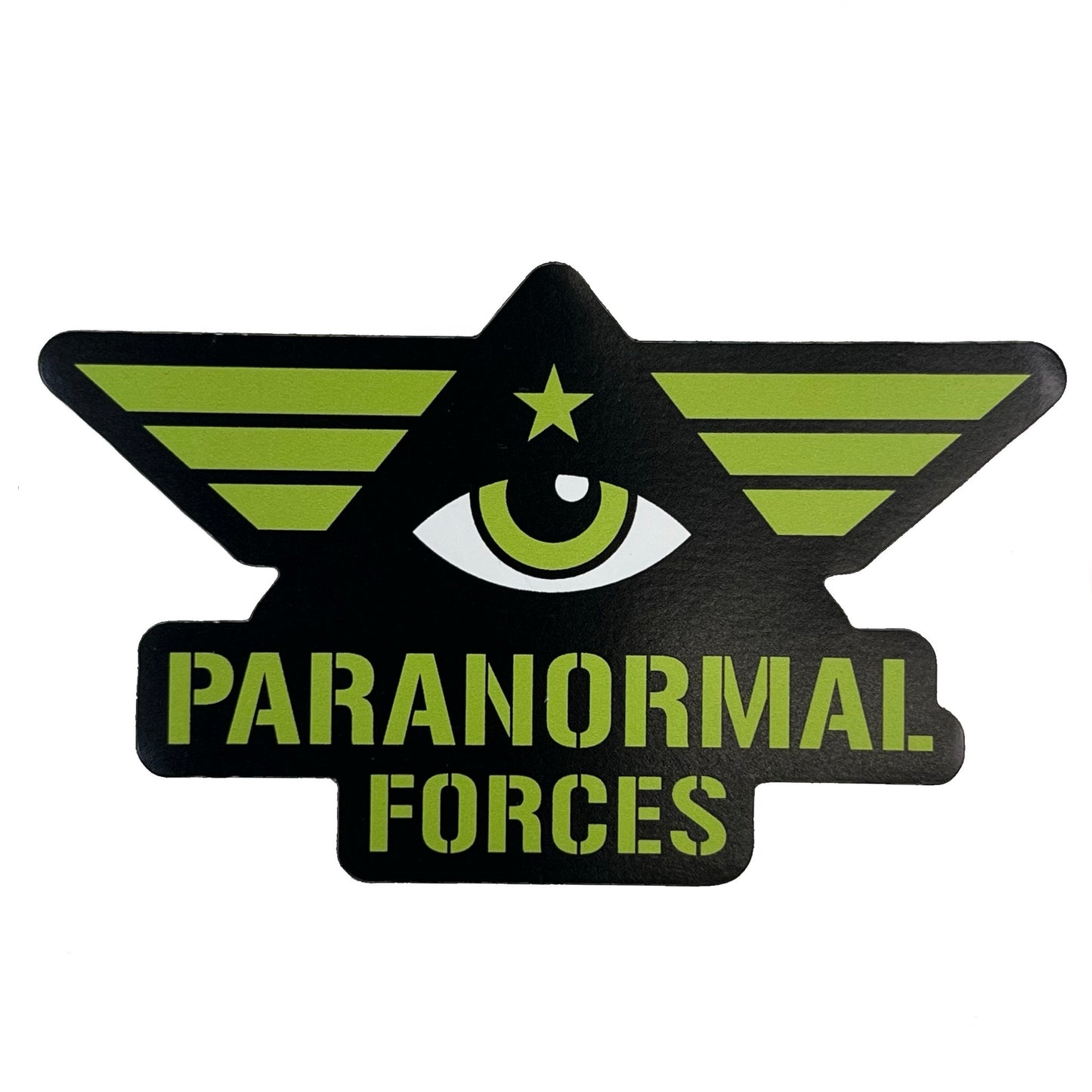 Sticker with eye & pyramid design in military style and 'Paranormal Forces' stencil font text on a white background