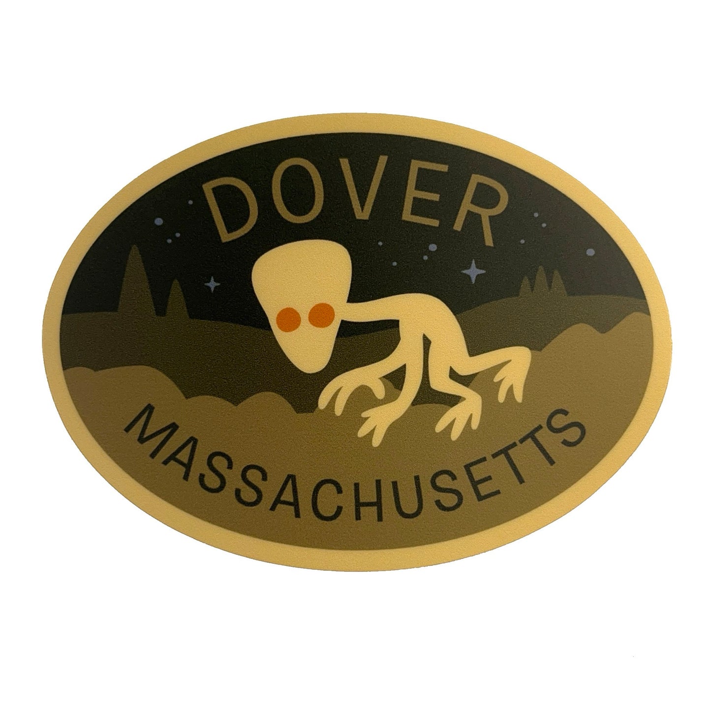 Oval-shaped sticker with the Dover Demon creature and text 'Dover, Massachusetts' on a dark background