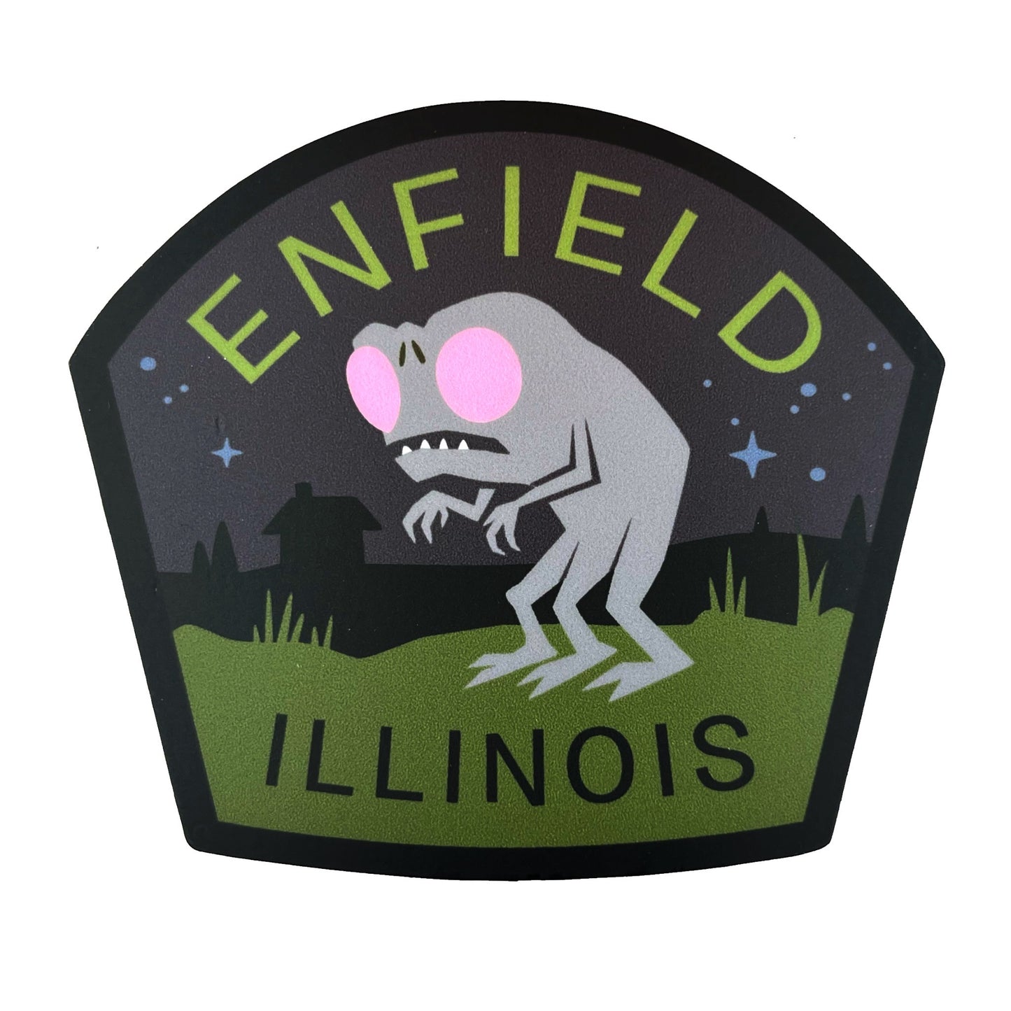 Enfield Horro travel patch with Enfield, Illinois text and creature illustration on a dark background