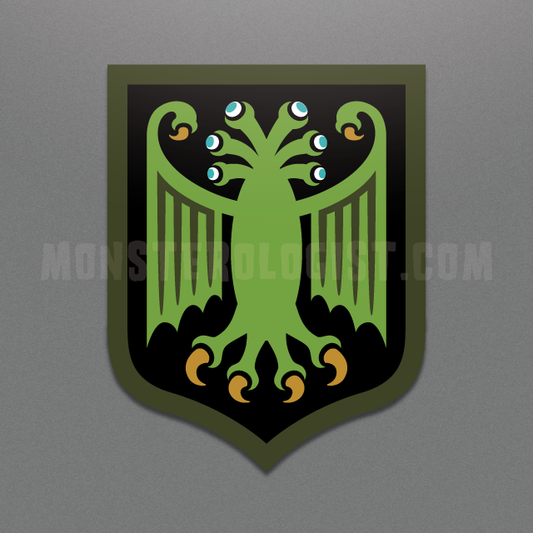 Elder Thing heraldic shield die-cut vinyl sticker by Monsterologist