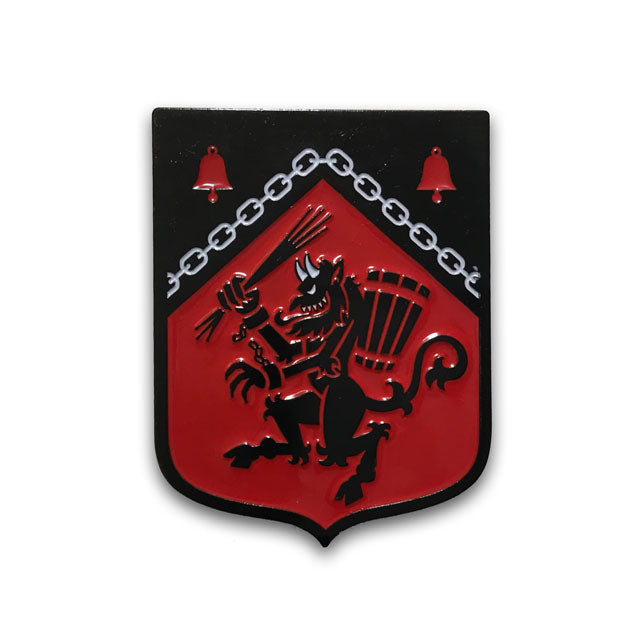 Krampus Rampant enamel pin heraldic Medieval shield.