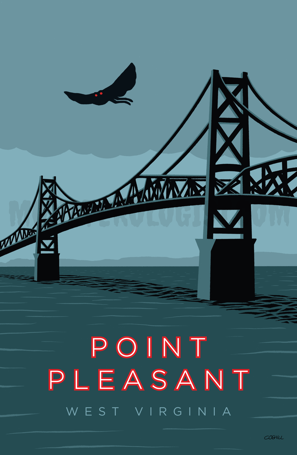 Point Pleasant, West Virginia Mothman vintage travel poster by Monsterologist.