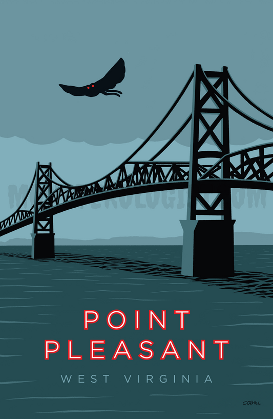 Point Pleasant, West Virginia Mothman vintage travel poster by Monsterologist.