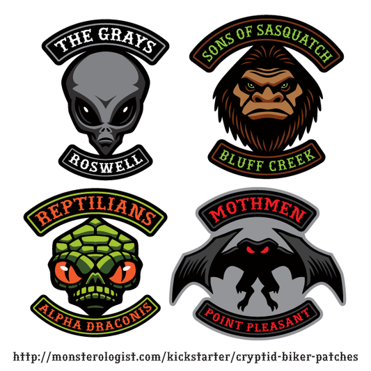 Cryptid Biker Patches: Sasquatch/Bigfoot, Gray Aliens, Mothman, Reptilians