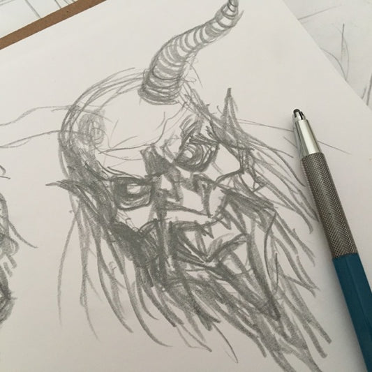 Krampus head pencil sketch by Monsterologist