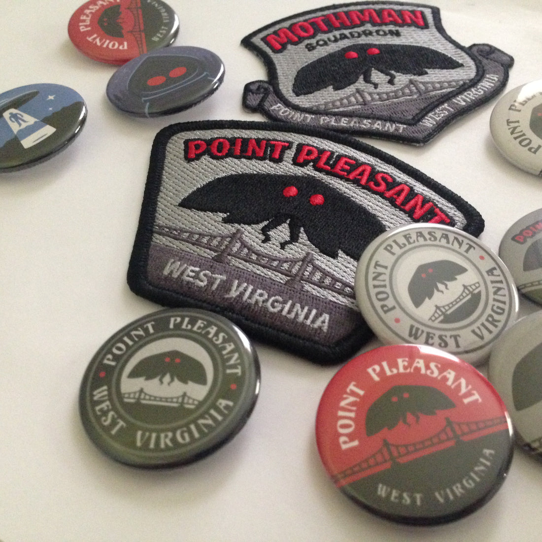 Mothman Point Pleasant, West Virginia embroidered patches & buttons.