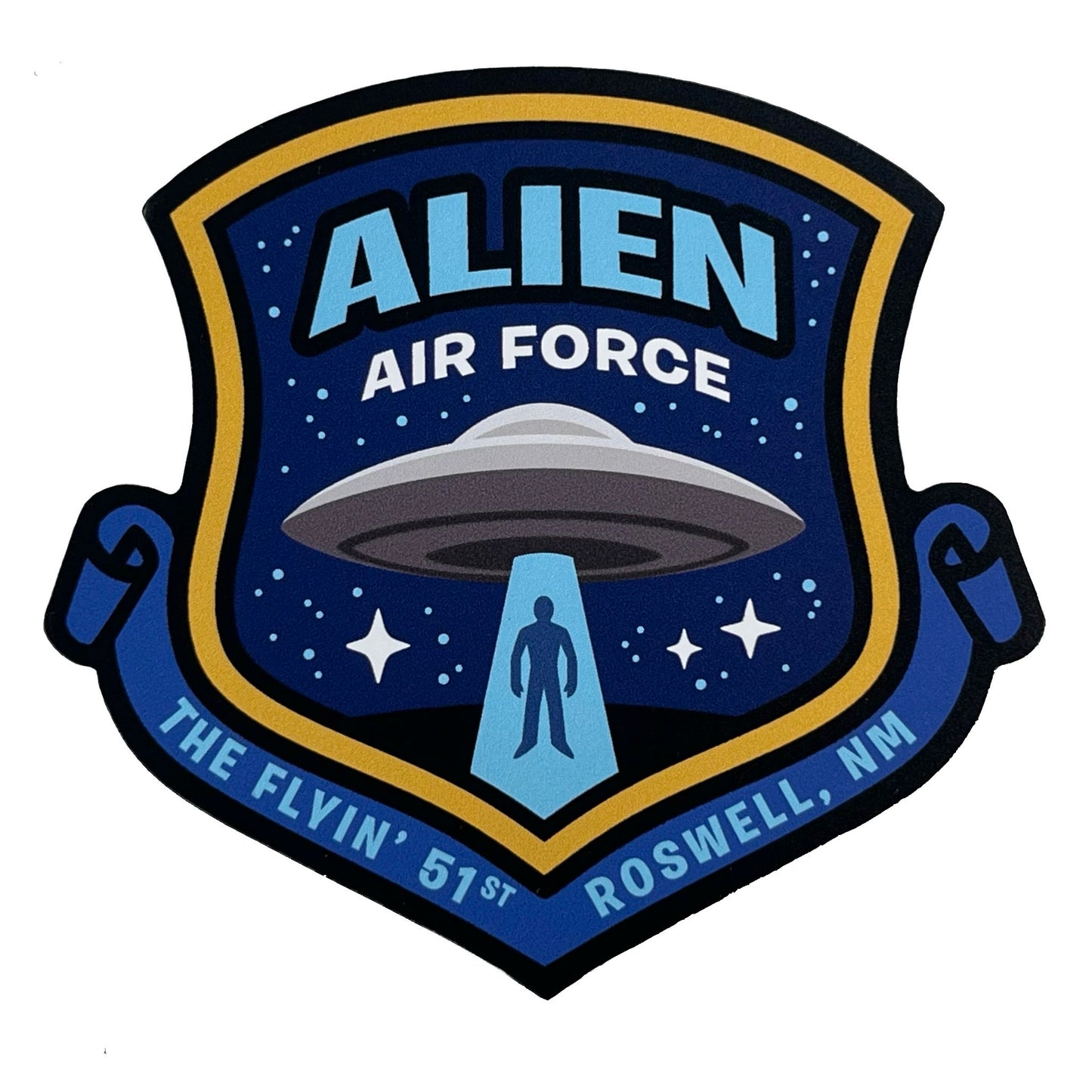 Alien Air Force logo with UFO and text on a blue background in military shield emblem design. 