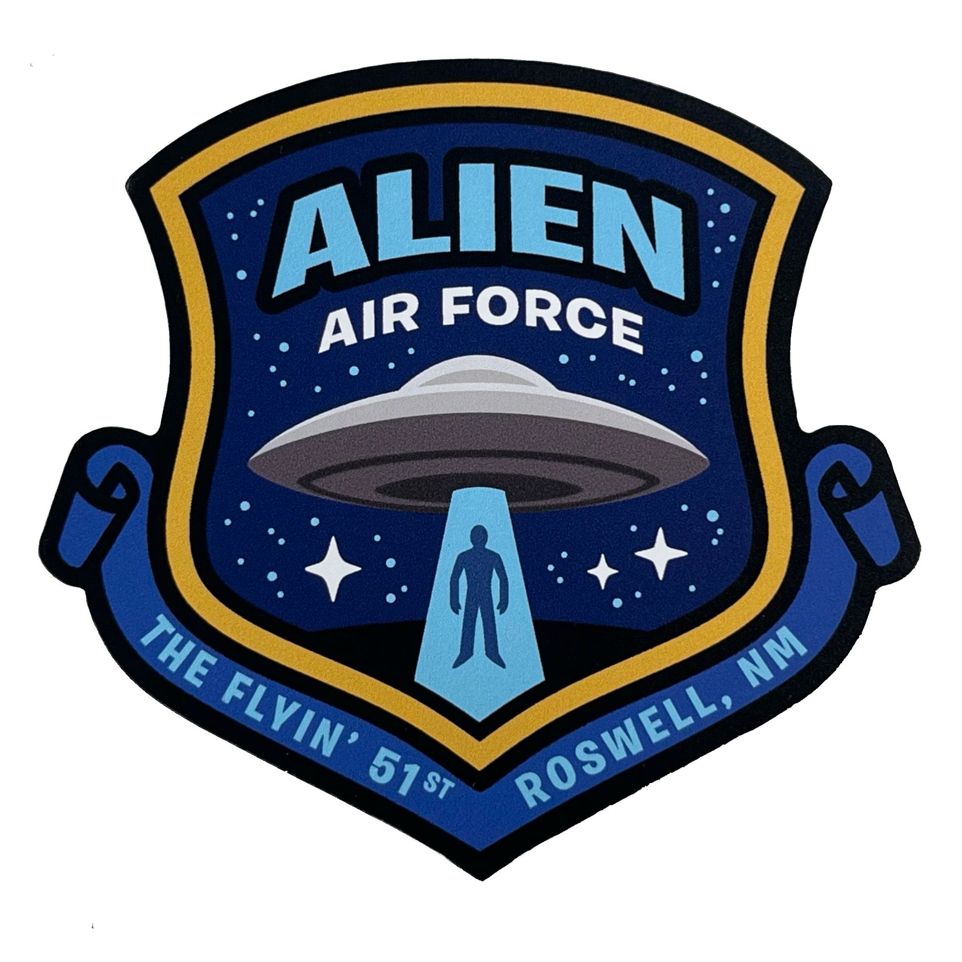 Alien Air Force logo with UFO and text on a blue background in military shield emblem design. 