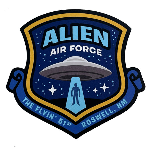 Alien Air Force logo with UFO and text on a blue background in military shield emblem design. 