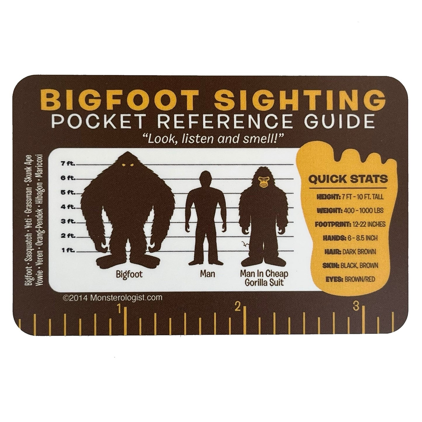 Bigfoot sighting pocket reference guide with measurements and descriptions. Back of Bigfoot Patrol Cryptid Tracker membership card. 