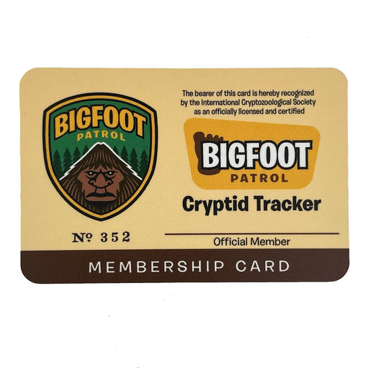 Bigfoot Patrol Cryptid Tracker membership card on a beige background