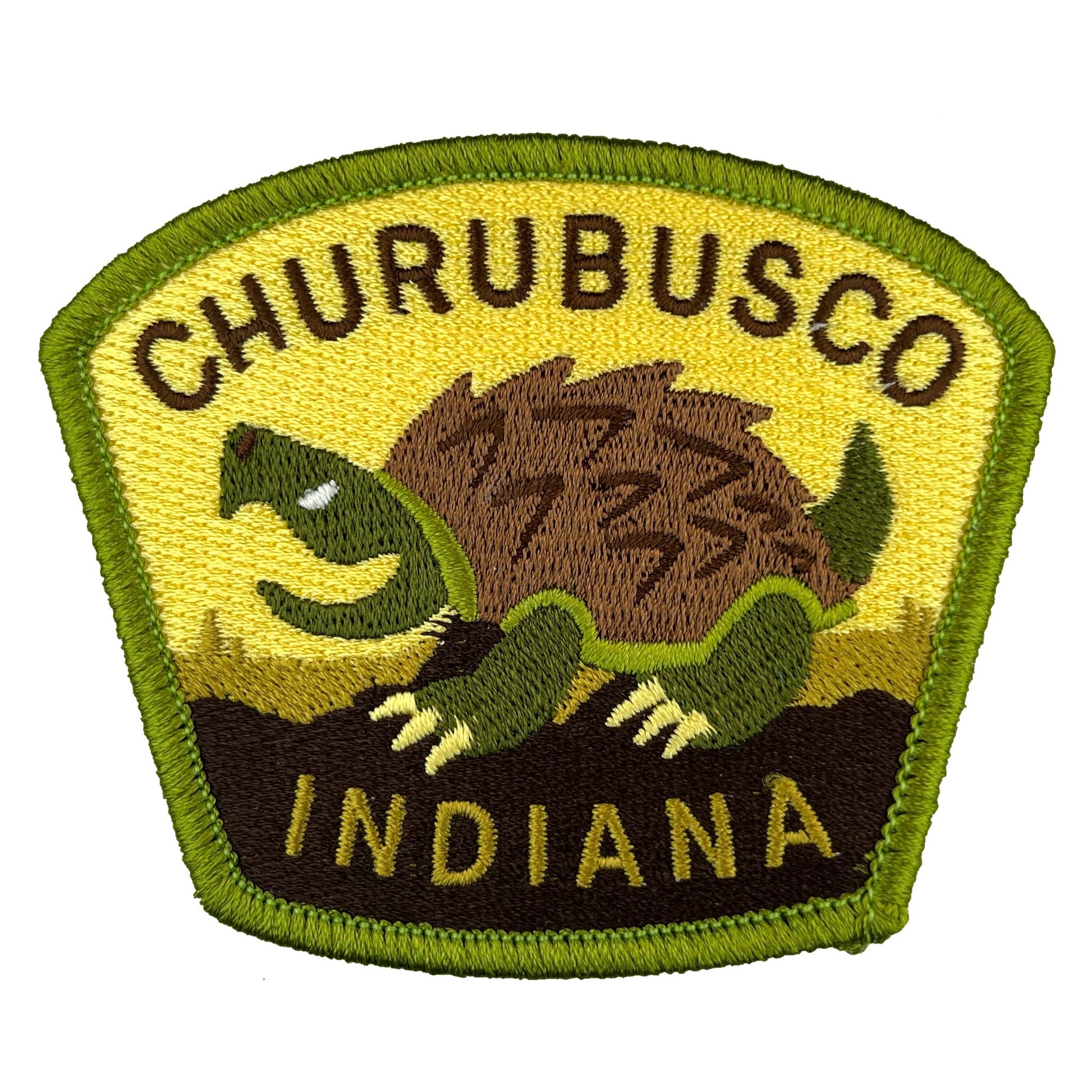 Embroidered patch with 'Churubusco Indiana' text and a snapping turtle design on a yellow background