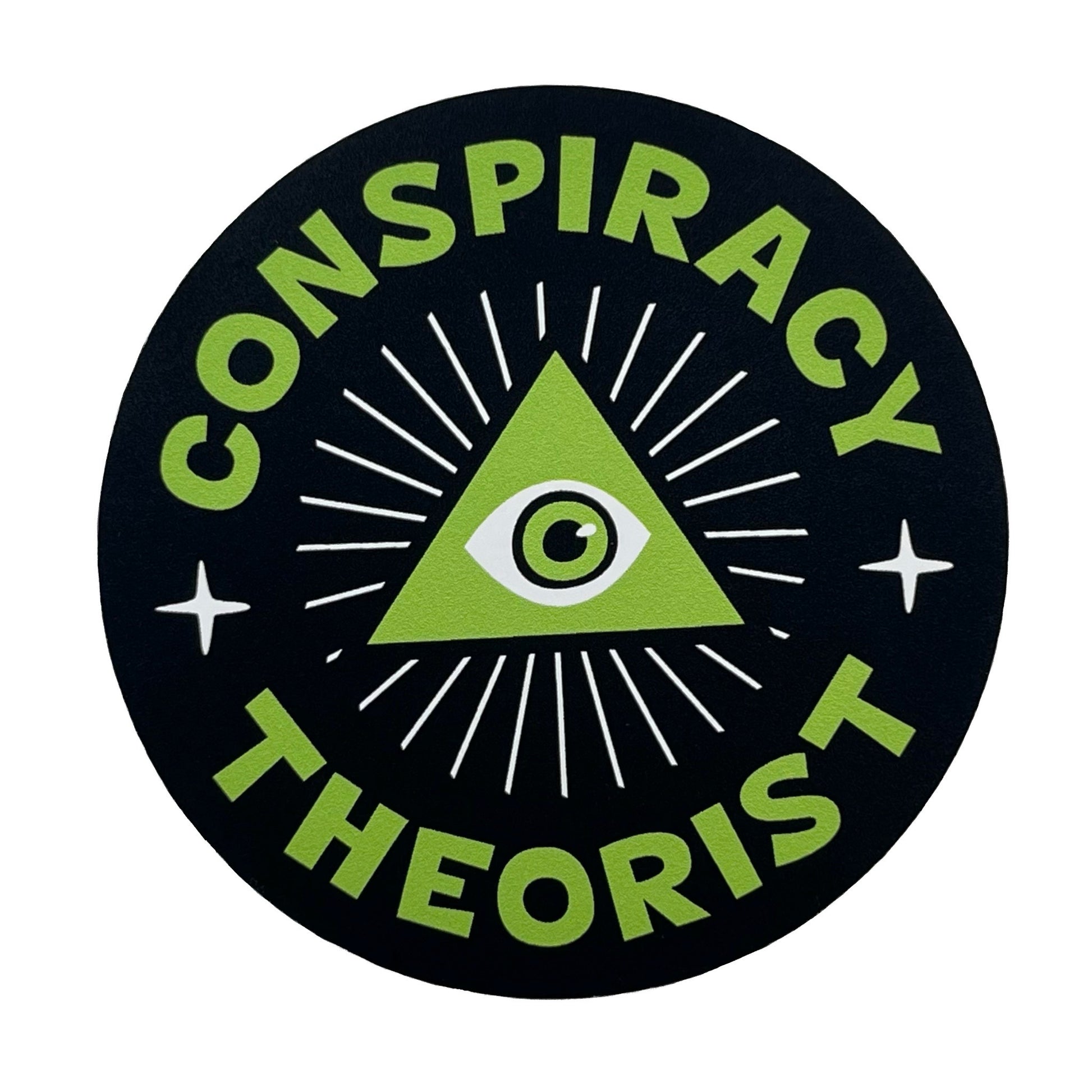 Circular sticker with green triangle and eye symbol, surrounded by 'Conspiracy Theorist' text on a black background.