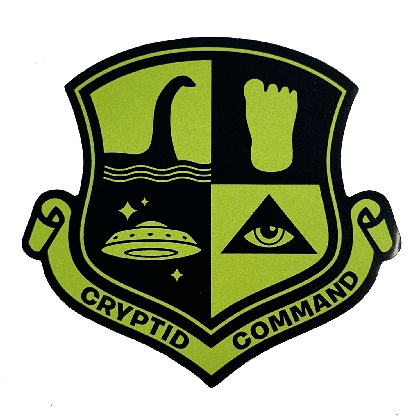 Logo of Cryptid Command with symbols of Nessie Loch Ness Monster, Bigfoot footprint, a UFO, and an eye on a military style shield badge emblem insignia shape.