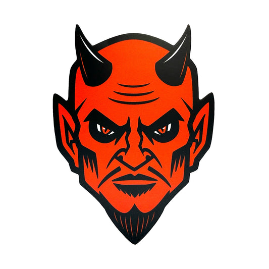 Red devil face with black horns and ears on a white background