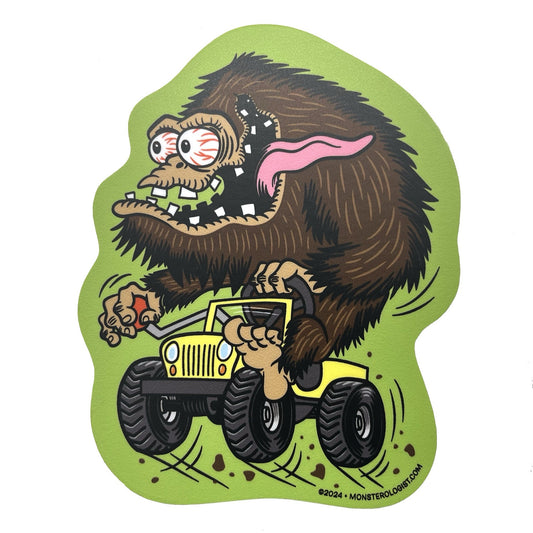 Gone Squatchin' sticker featuring Bigfoot in a 4x4 Jeep Wrangler in funny lowbrow hot rod cartoon art style. 