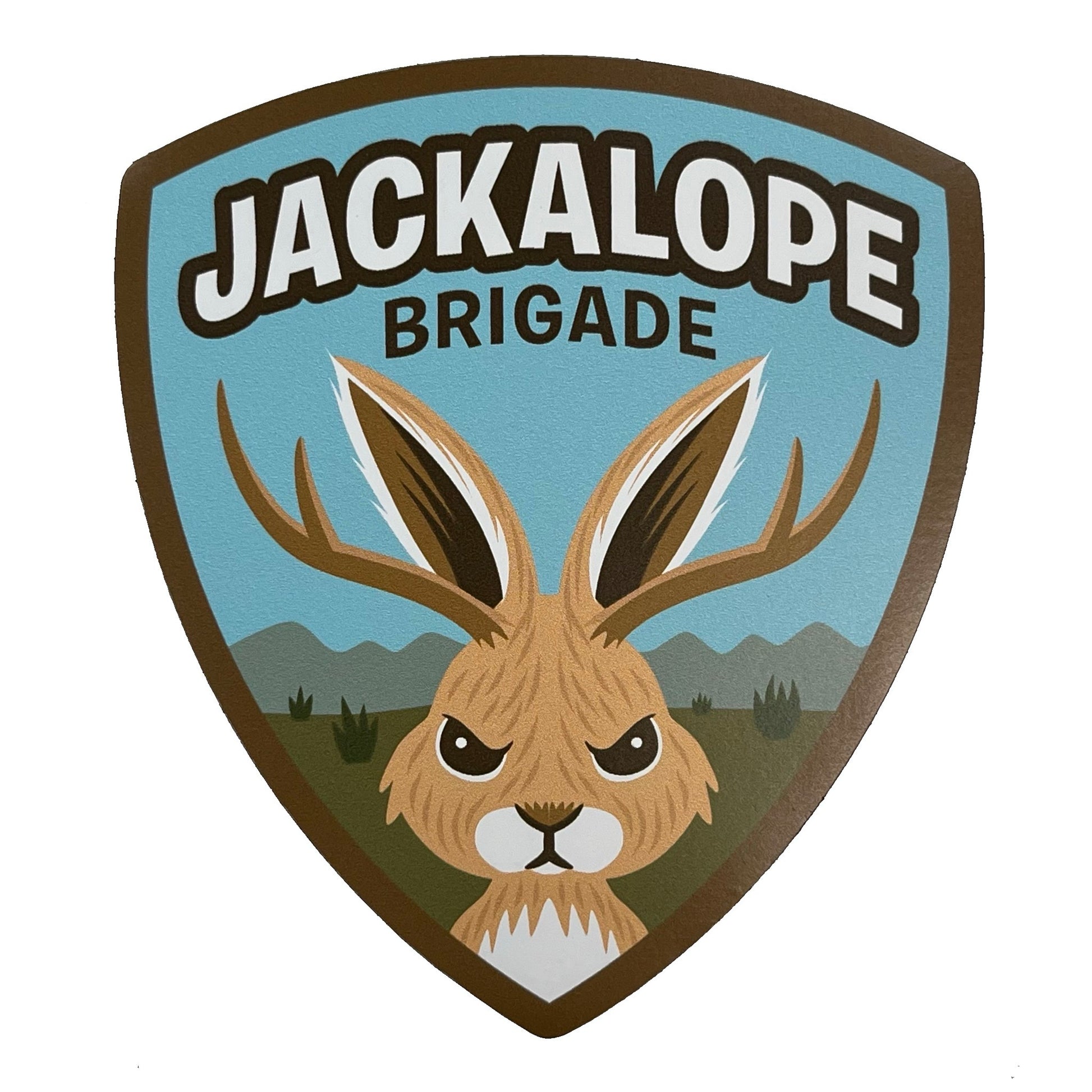 Logo of the Jackalope Brigade with a cute angry jackalope illustration in military shield emblem design. 