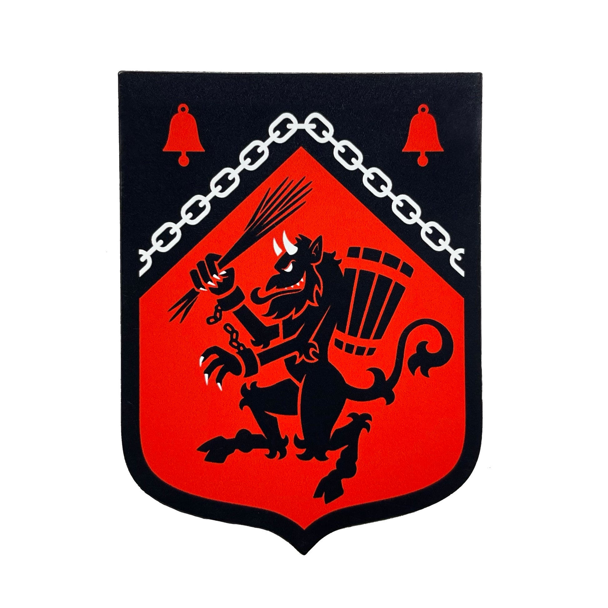 Coat of arms with Krampus, chain, and bells on a red background