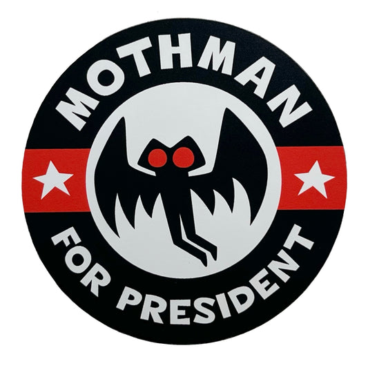 Circular logo with 'Mothman for President' text and Mothman silhouette on a white background