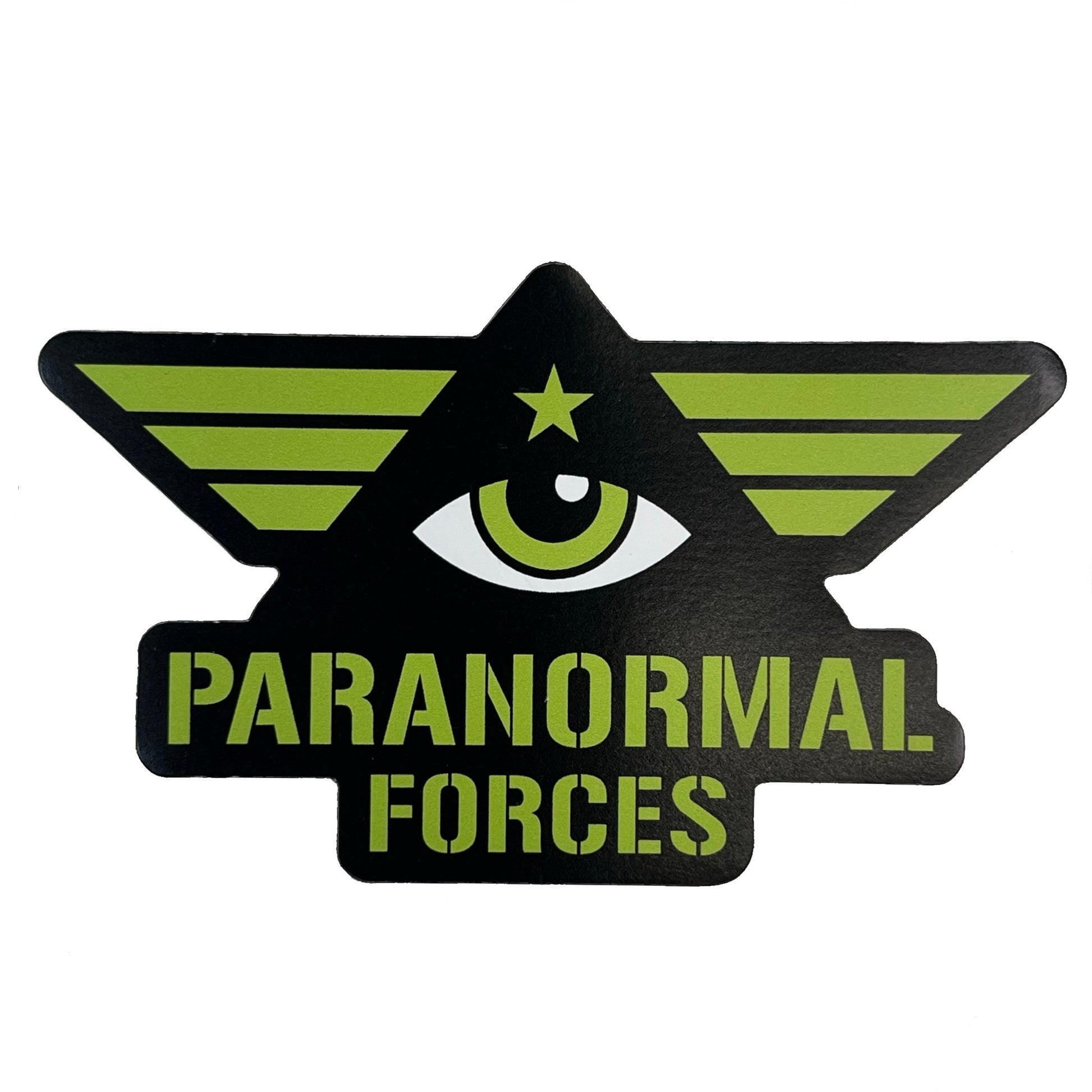 Sticker with eye & pyramid design in military style and 'Paranormal Forces' stencil font text on a white background