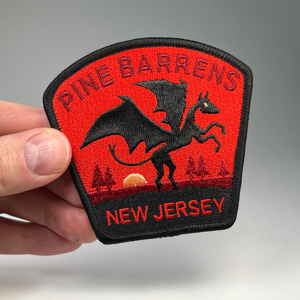 Hand holding the Pine Barrens New Jersey Devil cryptid travel patch