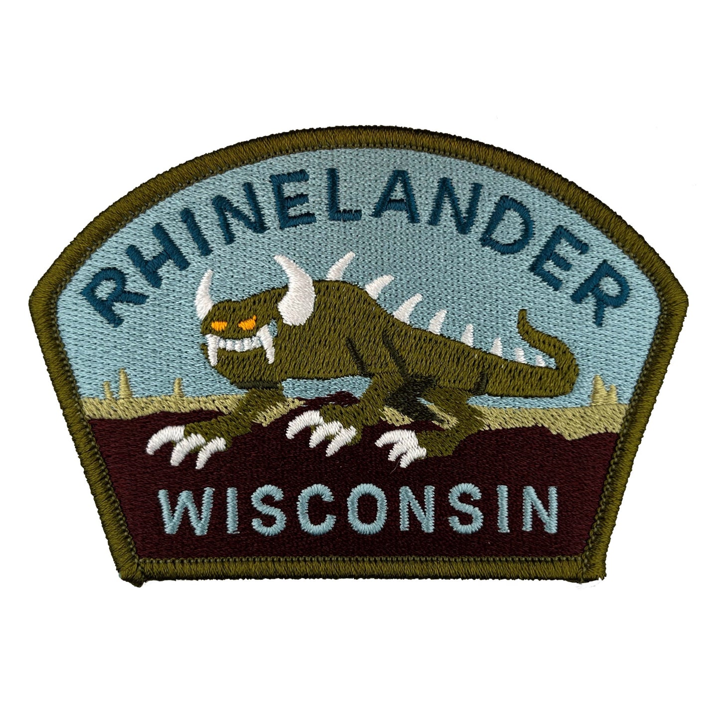 Embroidered patch with a Hodag cryptid design and 'Rhinelander Wisconsin' text on a white background