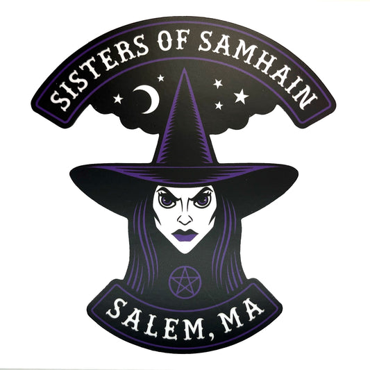 Logo in motorcycle club style of 'Sisters of Samhain' with a witch hat and face, featuring Salem, MA text.