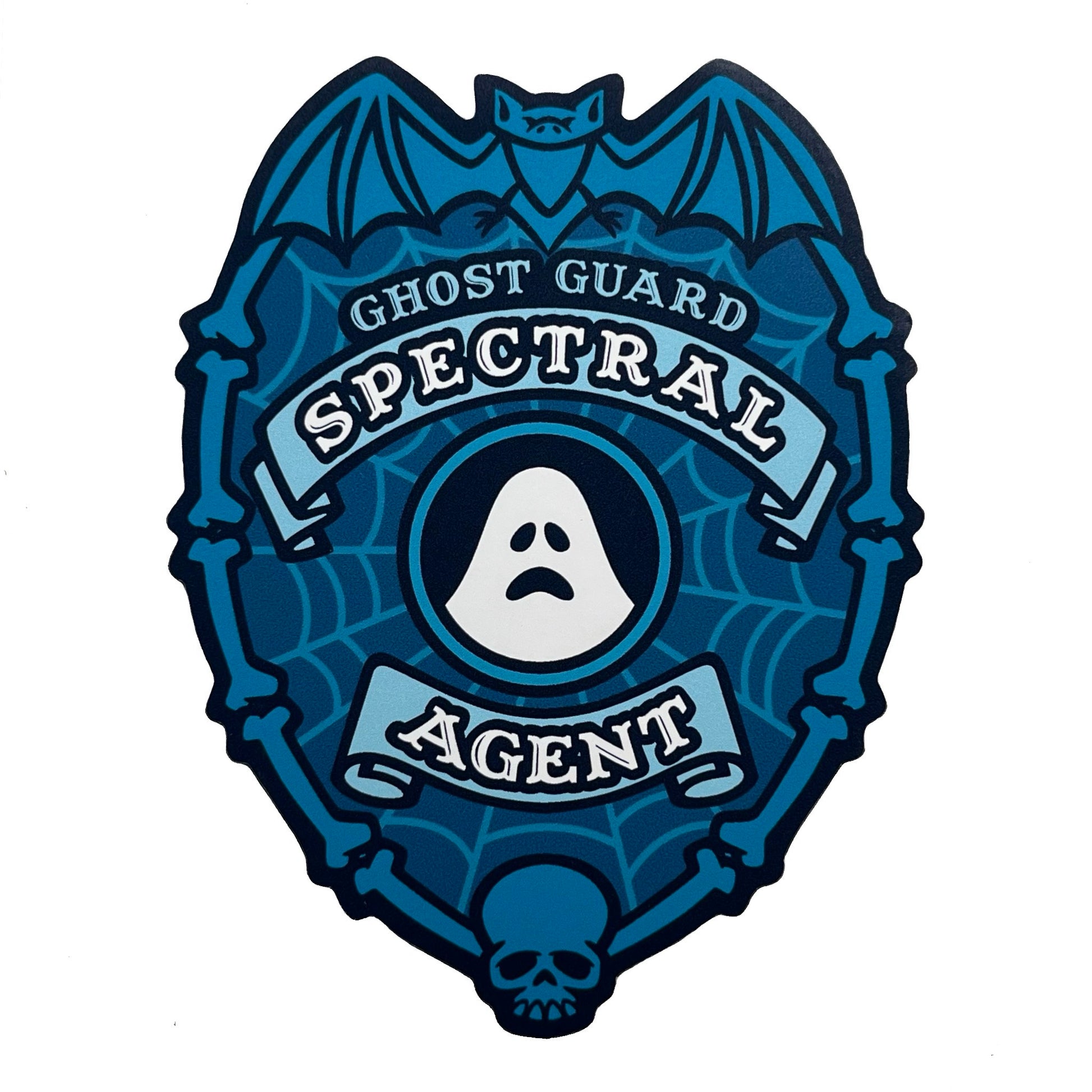 Ghost Guard Spectral Agent police shield badge with a skull, ghost and bat design on a white background