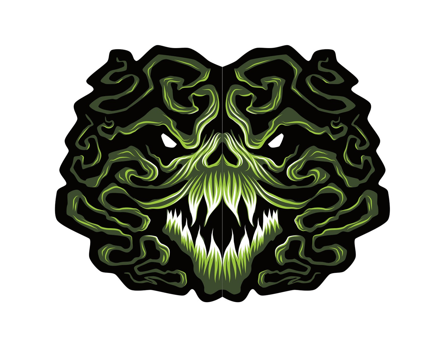 Green and black stylized fog monster design on a white background