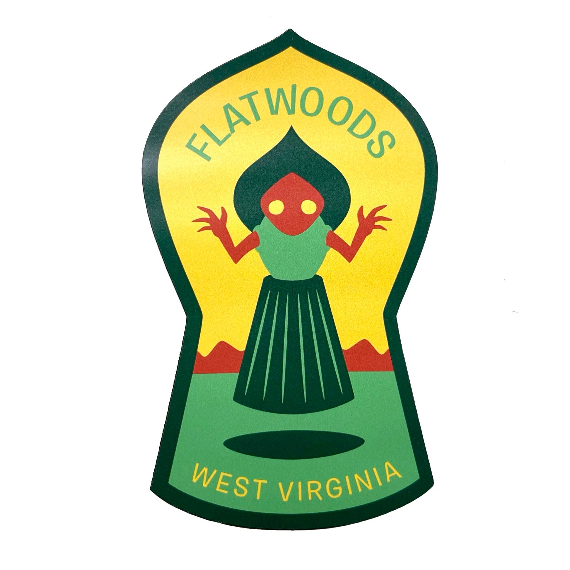 Logo of Flatwoods Monster with 'Flatwoods West Virginia' text on a white background