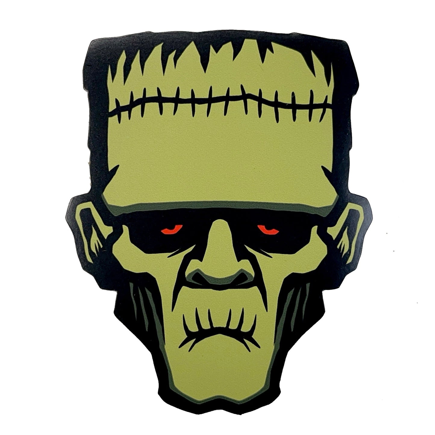 Green Frankenstein monster head minimalist art with red eyes on a white background