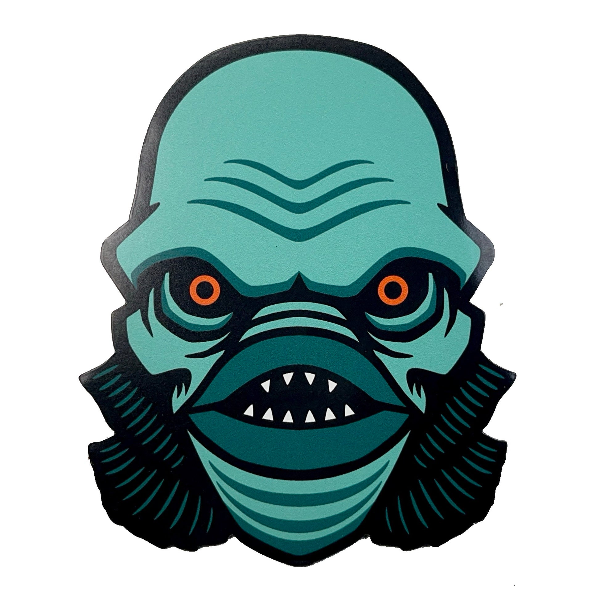 Illustration of a classic horror movie lagoon creature's head with a teal color scheme on a white background