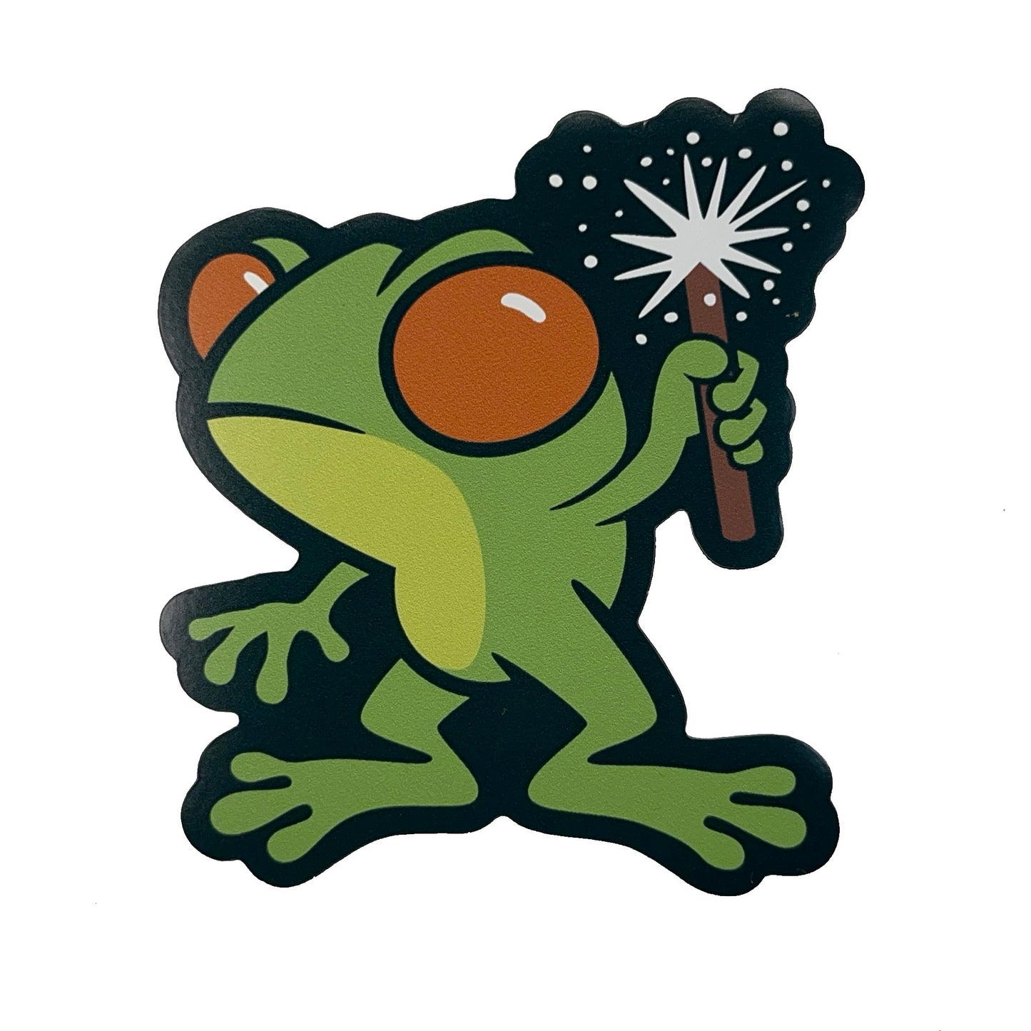 Illustration of a green frog holding a wand with sparkles on a white background
