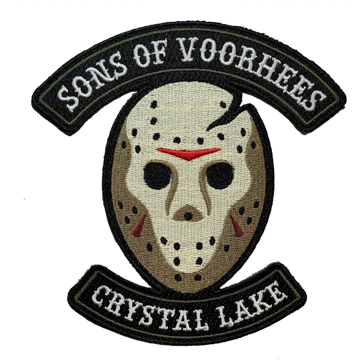Patch with a motorcycle club design and a hockey mask and text 'Sons of Voorhees Crystal Lake' on a white background