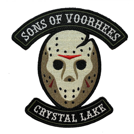 Patch with a motorcycle club design and a hockey mask and text 'Sons of Voorhees Crystal Lake' on a white background