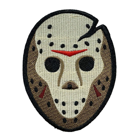 Embroidered patch of a Jason Voorhees hockey mask with red accents
