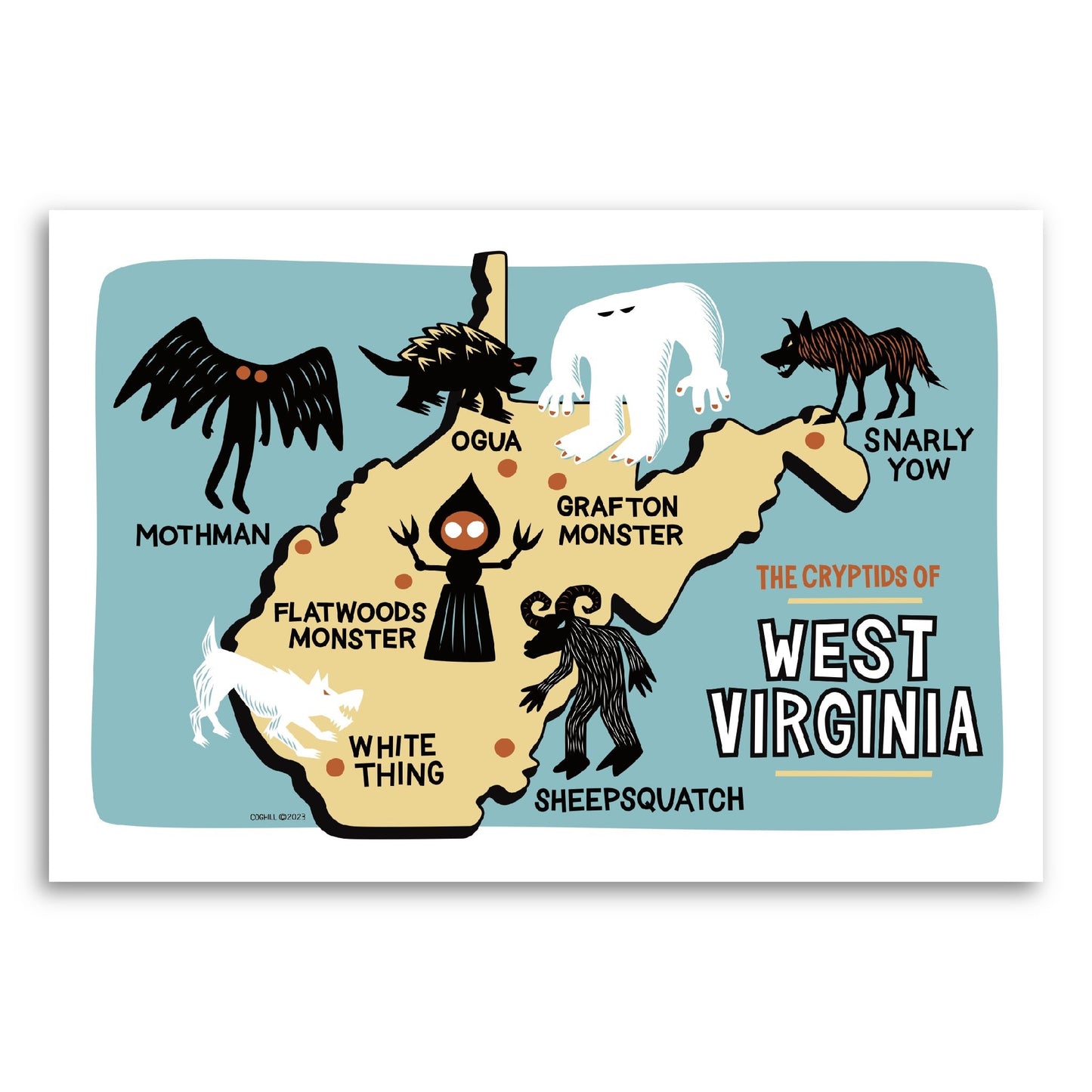 West Virginia illustrated art map featuring cryptids of the state. 