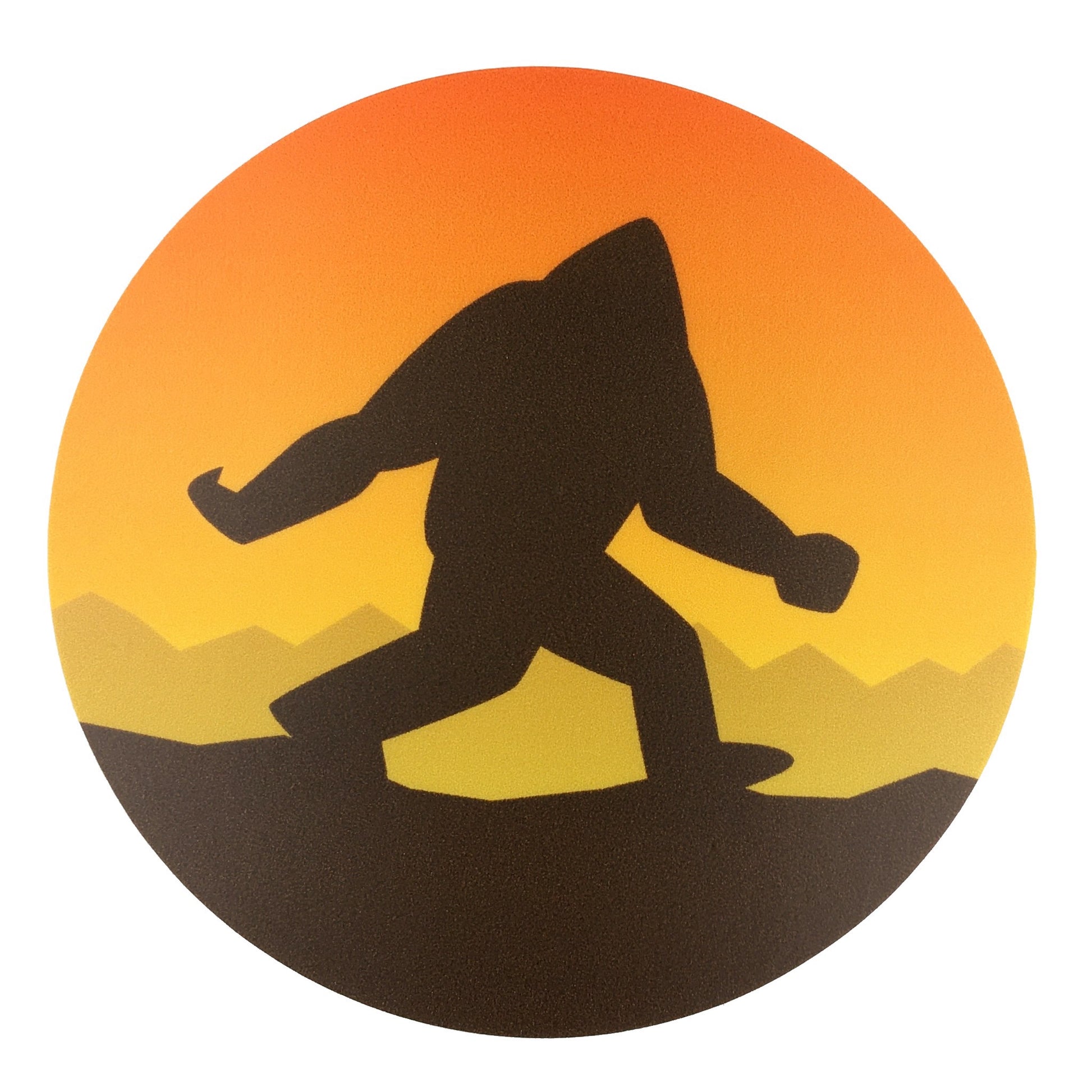 Bigfoot silhouetted at sunset minimalist circle sticker by Monsterologist
