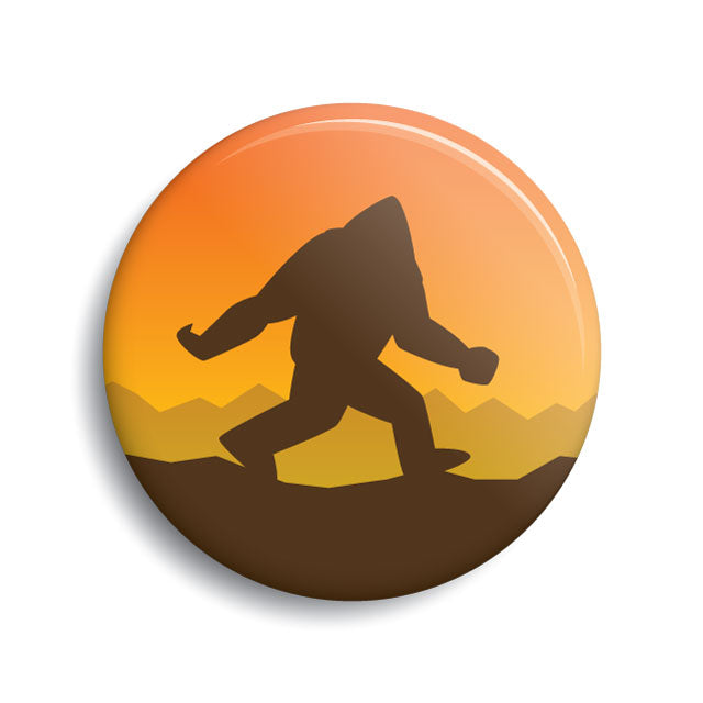 Bigfoot silhouette sunset button.