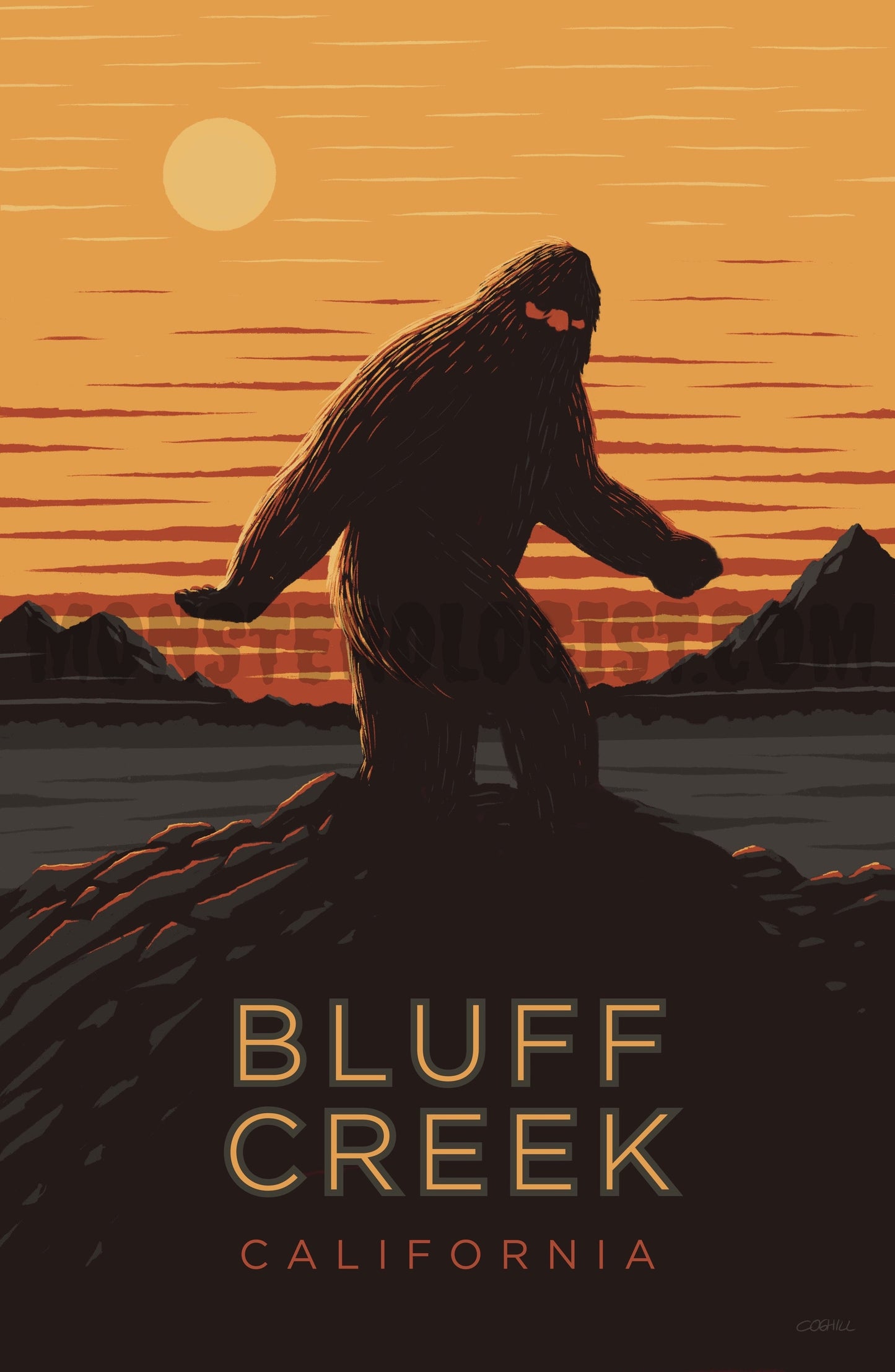 Bluff Creek, California Bigfoot vintage travel poster by Monsterologist.