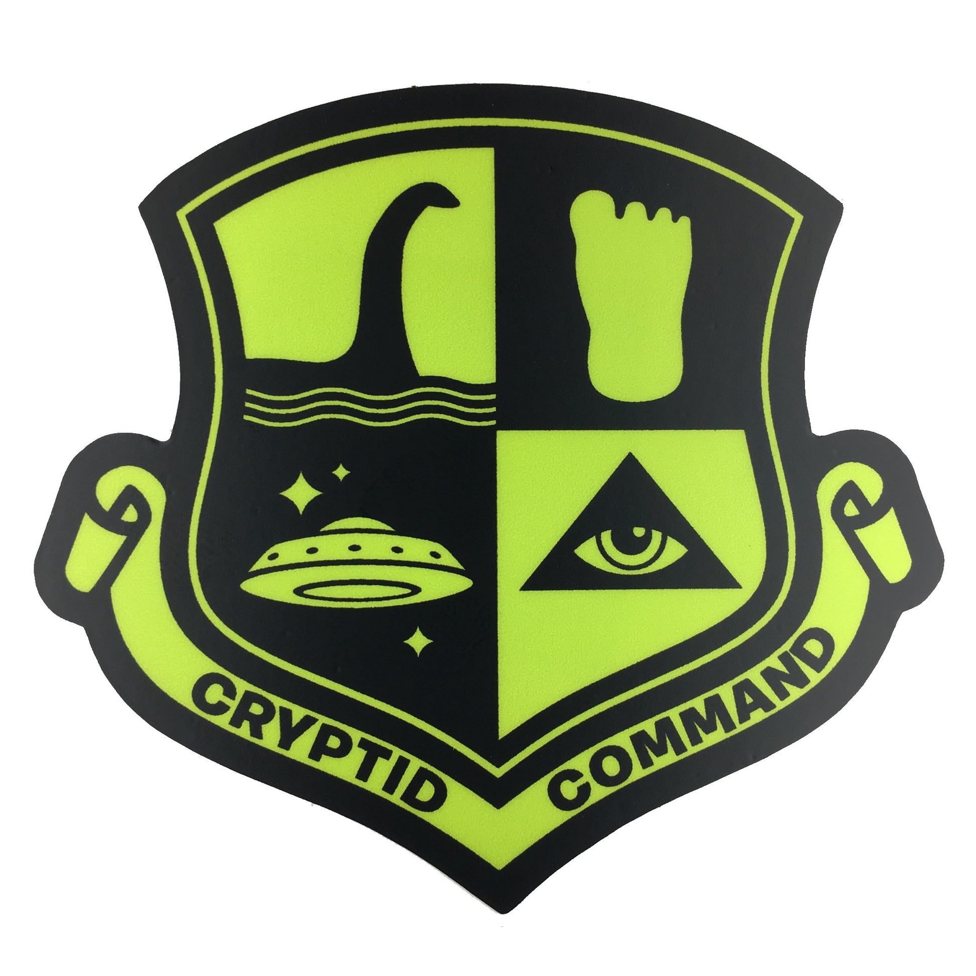 Cryptid Command military shield insignia sticker featuring Bigfoot, Nessie & UFO - by Monsterologist