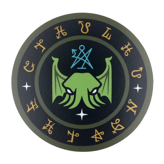 Cthulhu Fhtagn circle sticker, featuring secret society occult sigils; by Monsterologist