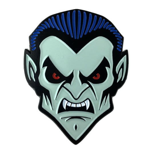 Dracula vampire horror monster head enamel pin by Monsterologist.