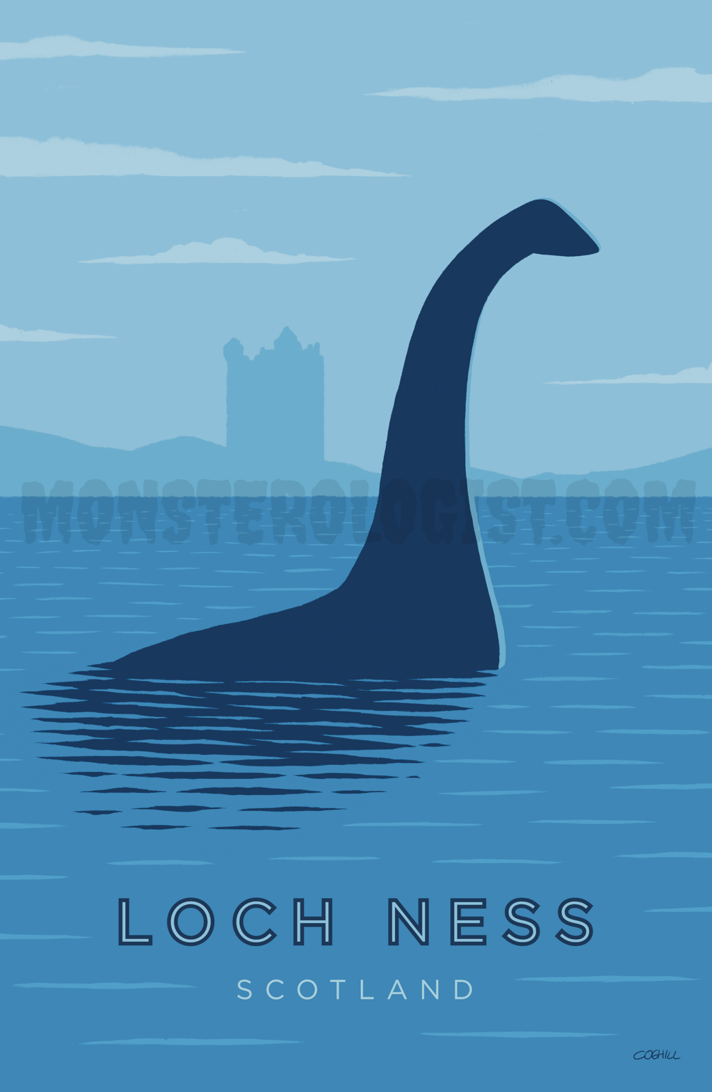 Loch Ness Scotland Nessie vintage travel poster by Monsterologist. 