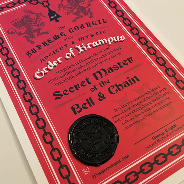 Order Of Krampus secret society initiation certificate wax seal by Monsterologist.