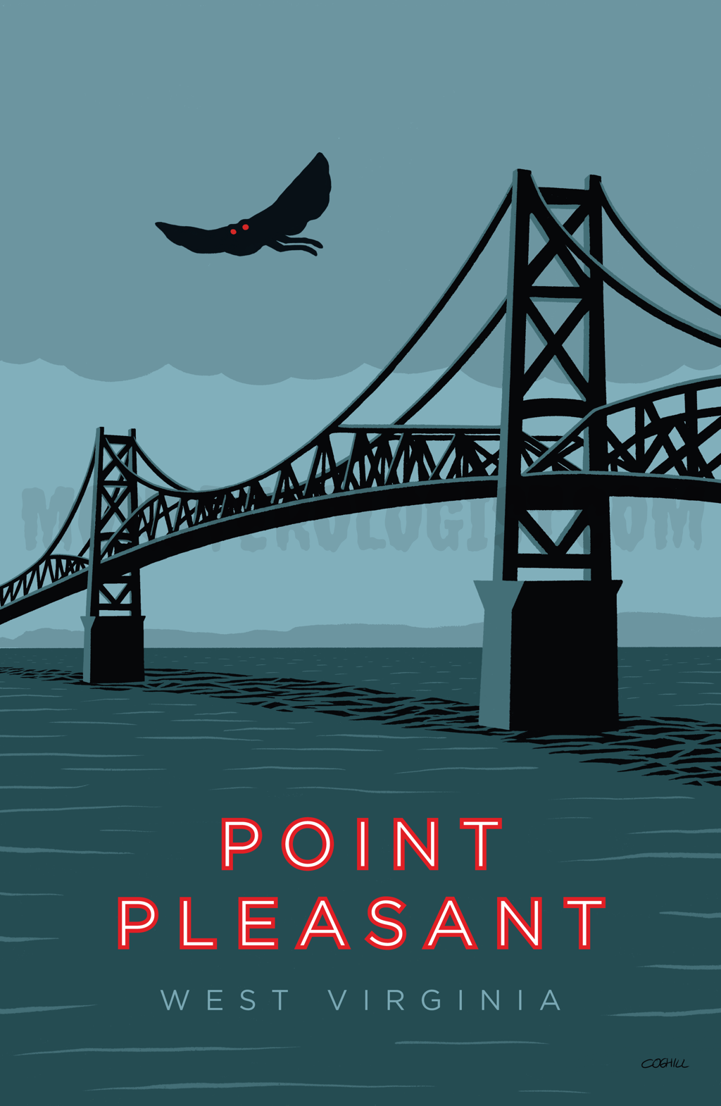 Point Pleasant, West Virginia Mothman vintage travel poster by Monsterologist. 